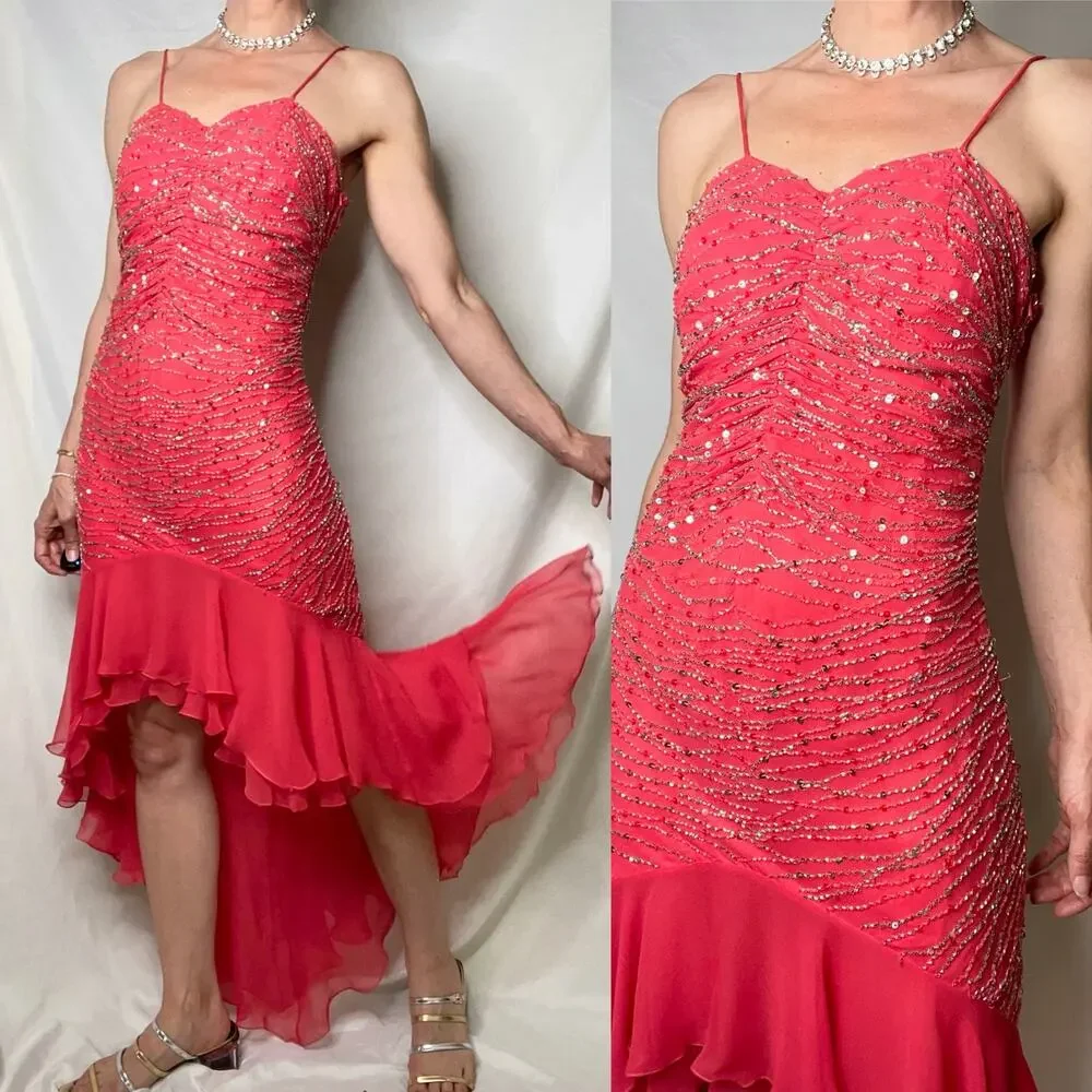 Scala prom dress coral pink 100% silk ruffle hem slip gown beaded sequin‎ formal